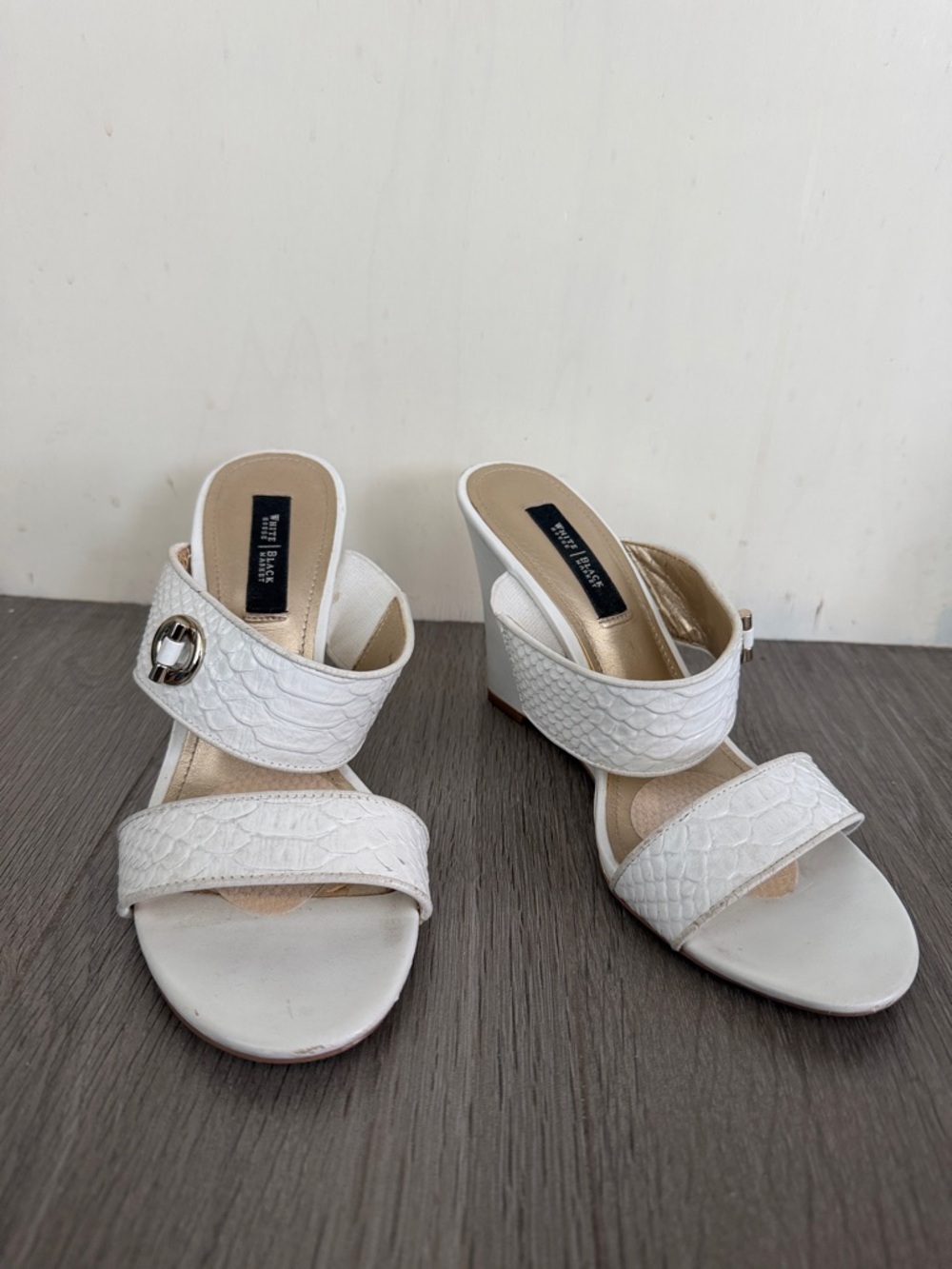 White House Black Market White Textured Wedge Mules